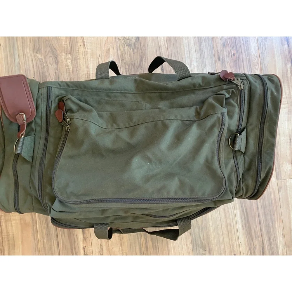 Vintage Cabela's Large Duffle Bag Olive Green Canvas Leather Trim Hunting Travel